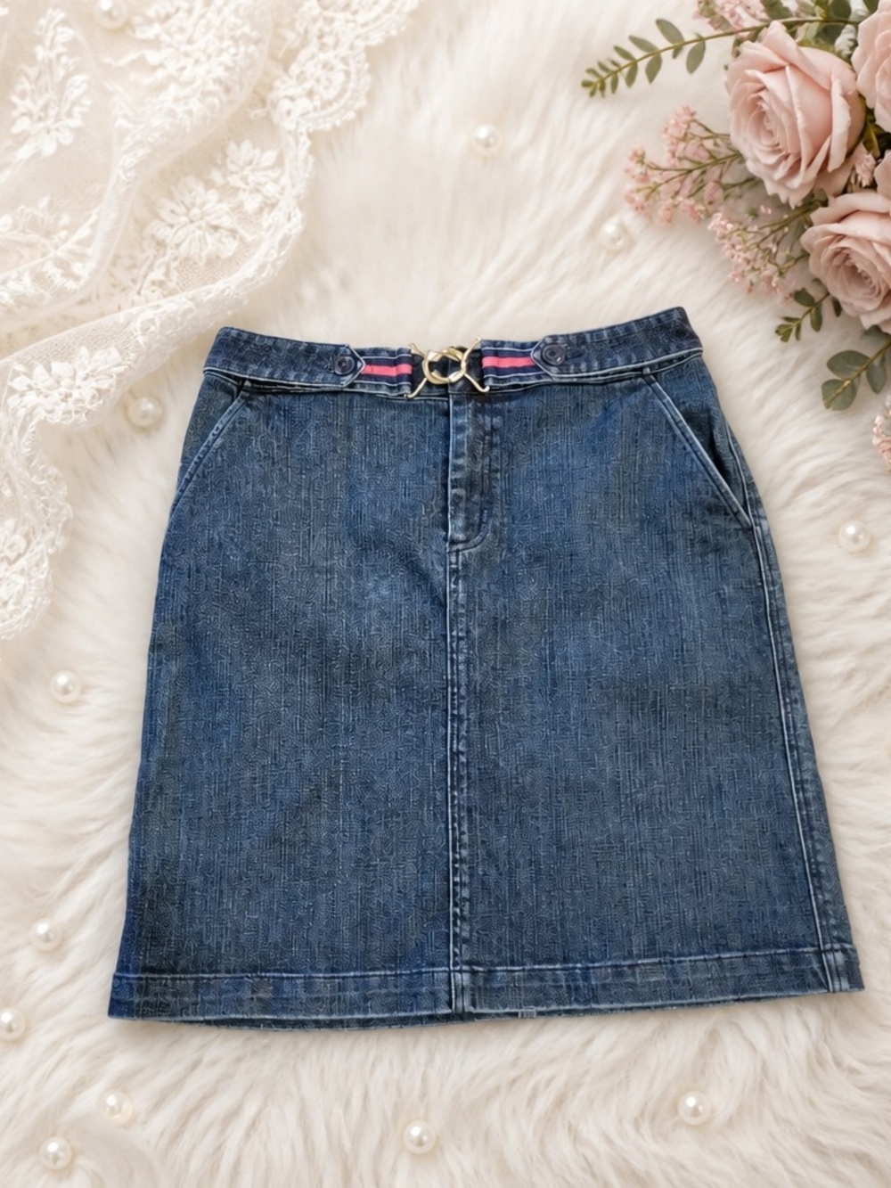 Talbots Blue Denim Mini Skirt with Stripe Waist Detail